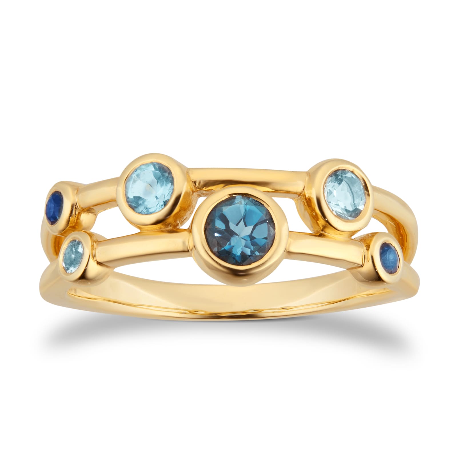 Goldsmiths 18ct Yellow Gold Sapphire Aquamarine and Blue Topaz Bezel Set Ring Goldsmiths 18ct Yellow Gold Sapphire Aquamarine and Blue Topaz Bezel Set Ring