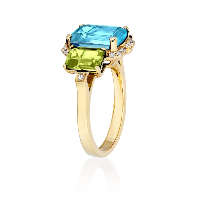 Goshwara 18K Yellow Gold Blue Topaz, Peridot & Diamond 3 Stone Ring